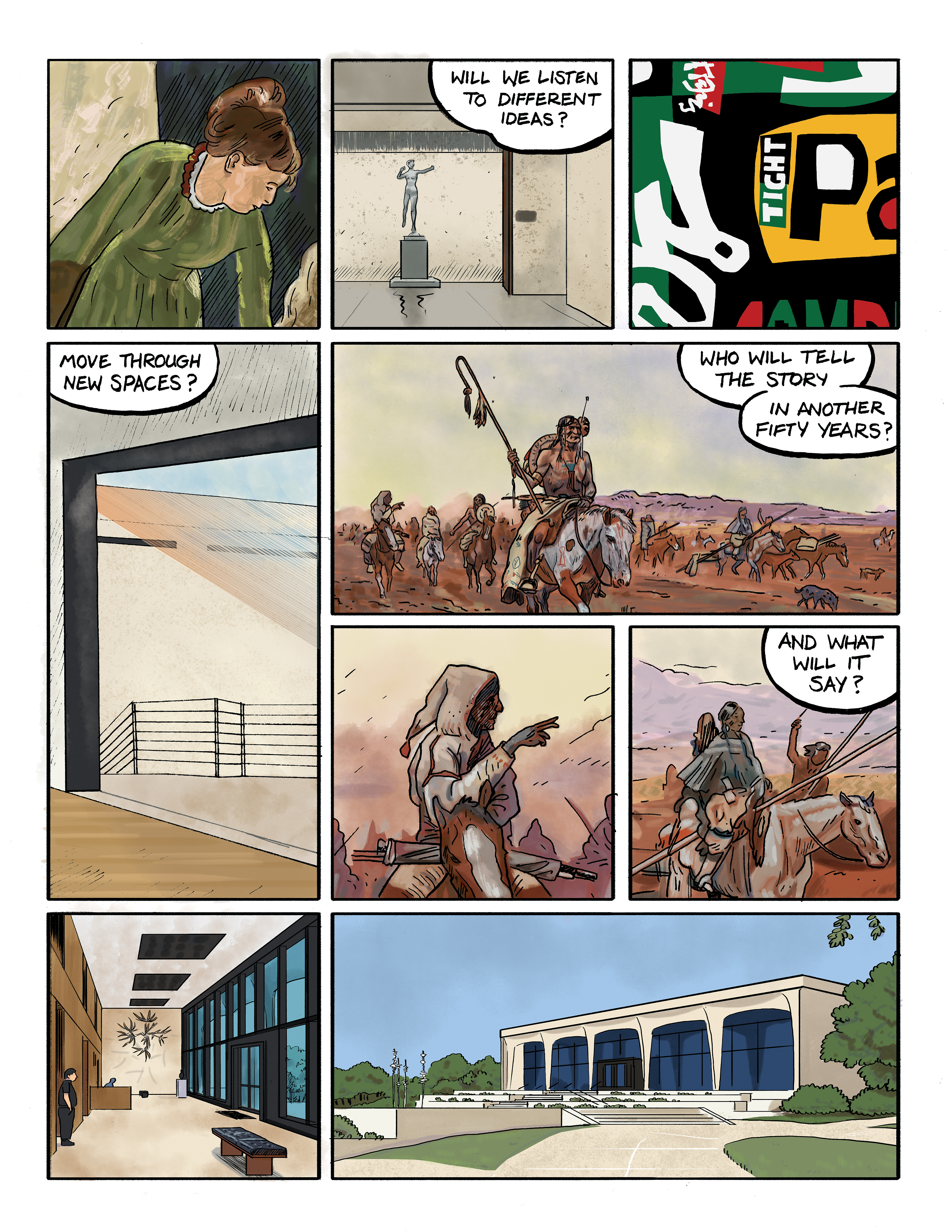 Part 2 of a comic titled 'The Writing on the Wall'; panel 1: A close-up of the face of the woman in Mary Cassatt's *Woman Standing, Holding a Fan*; panel 2: The sculpture of *Diana* by Augustus Saint-Gaudens in its niche at the Carter with a text bubble that reads 'Will we listen to different ideas?'; panel 3: A detail of Stuart Davis' painting *Blips and Ifs*; panel 4: A corner of Gabriel Dawe's *Plexus No. 34* as seen from a Carter gallery with a text bubble that reads 'Move through new spaces?'; panel 5: Charlie's painting *The Medicine Man* with a text bubble that reads 'Who will tell the story in another 50 years?'; panel 6: A detail of one of the figures from *The Medicine Man*; panel 7: Another detail of figures from *The Medicine Man* with a text bubble that reads 'And what will it say?'; panel 8: A view of the Carter's main gallery with James Surls' *Seven and Seven Flower* in the distance; panel 9: The walk leading up to the front of the Amon Carter Museum of American Art.