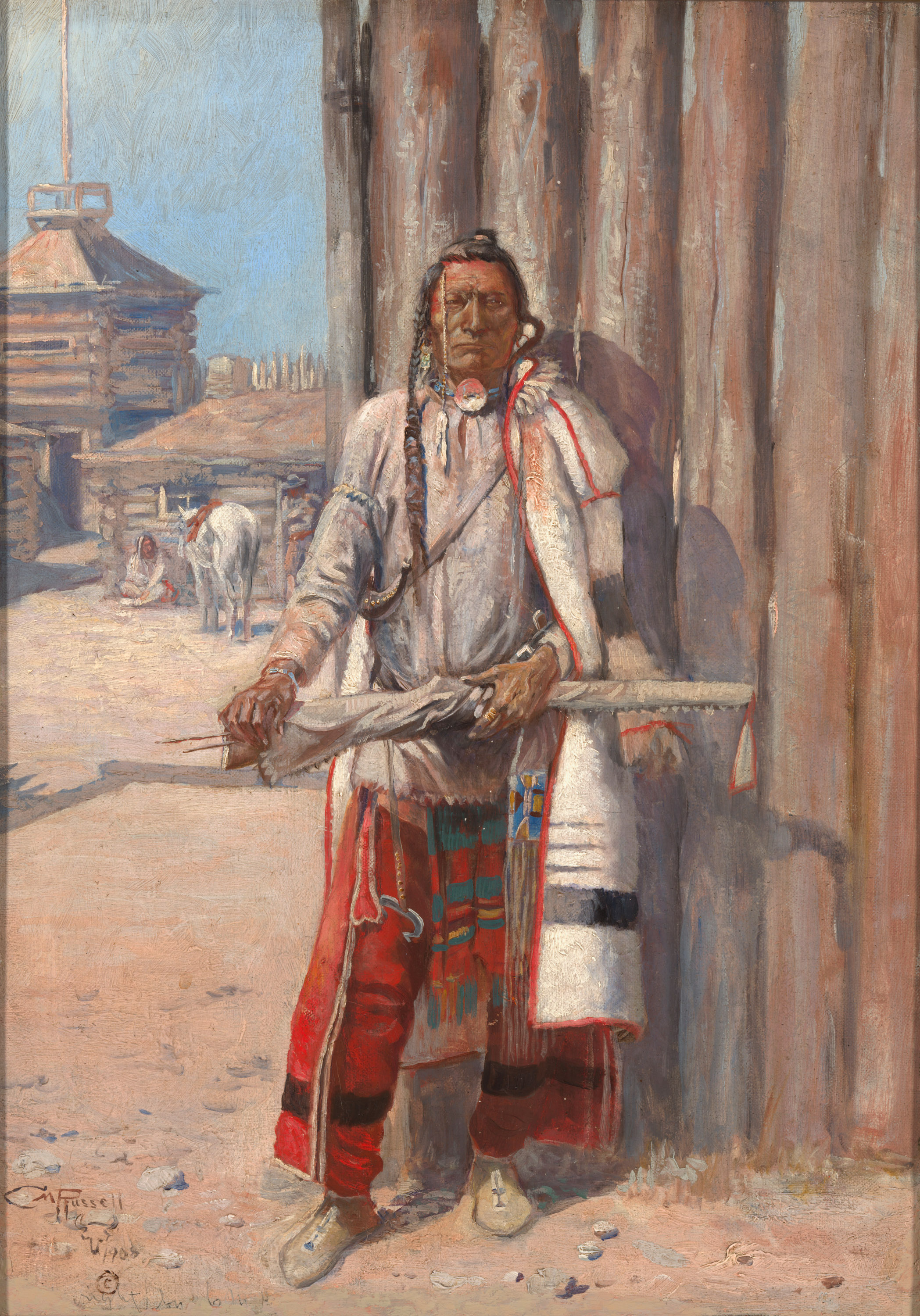 An oil painting of a Native American man: red paint on his face, long braided hair, a white coat over one shoulder, red pants, holding a rifle.