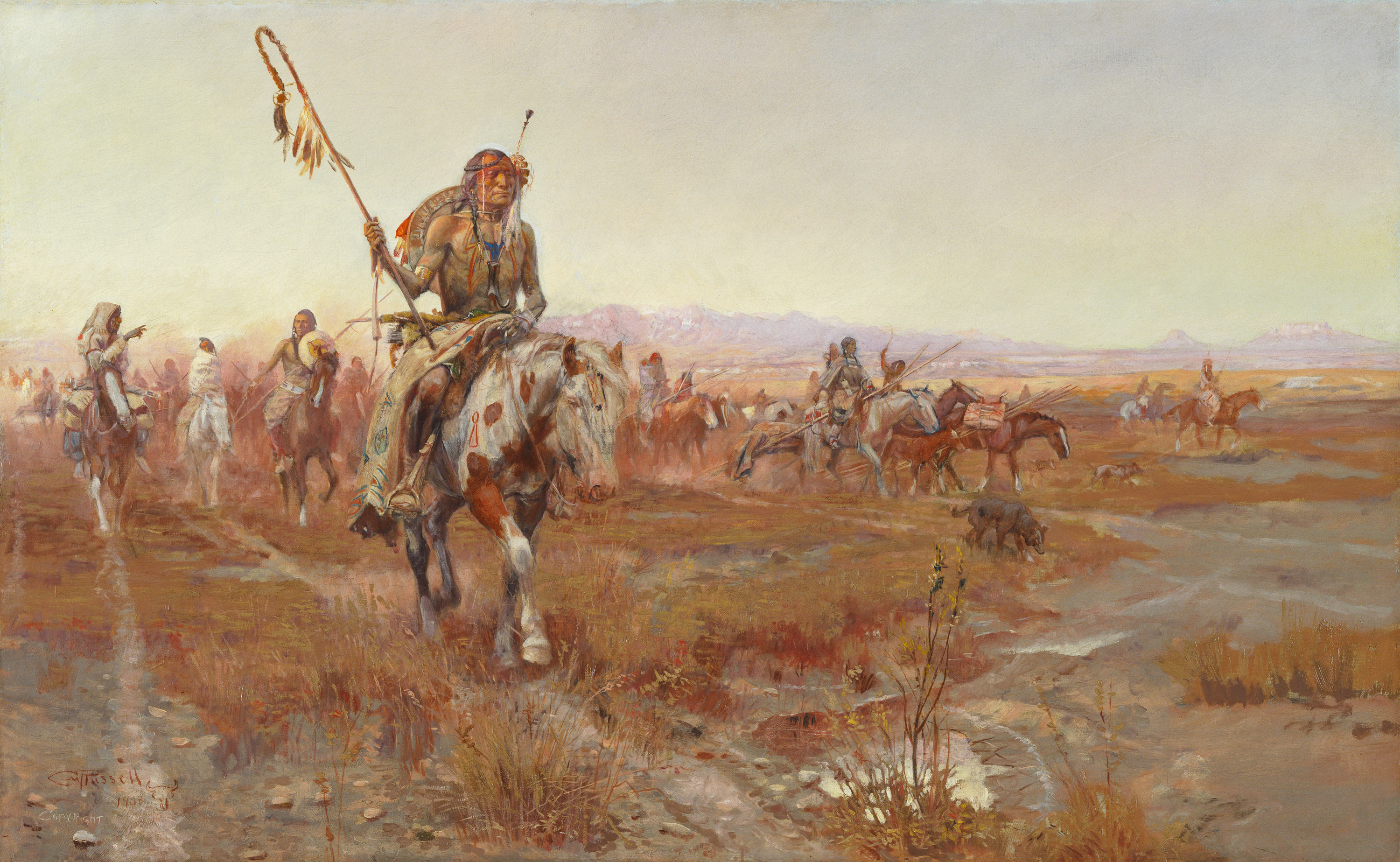 An oil painting of a Native American man wearing elaborate clothing and holding a feathered stick in one hand leads a group on horseback through the plains.