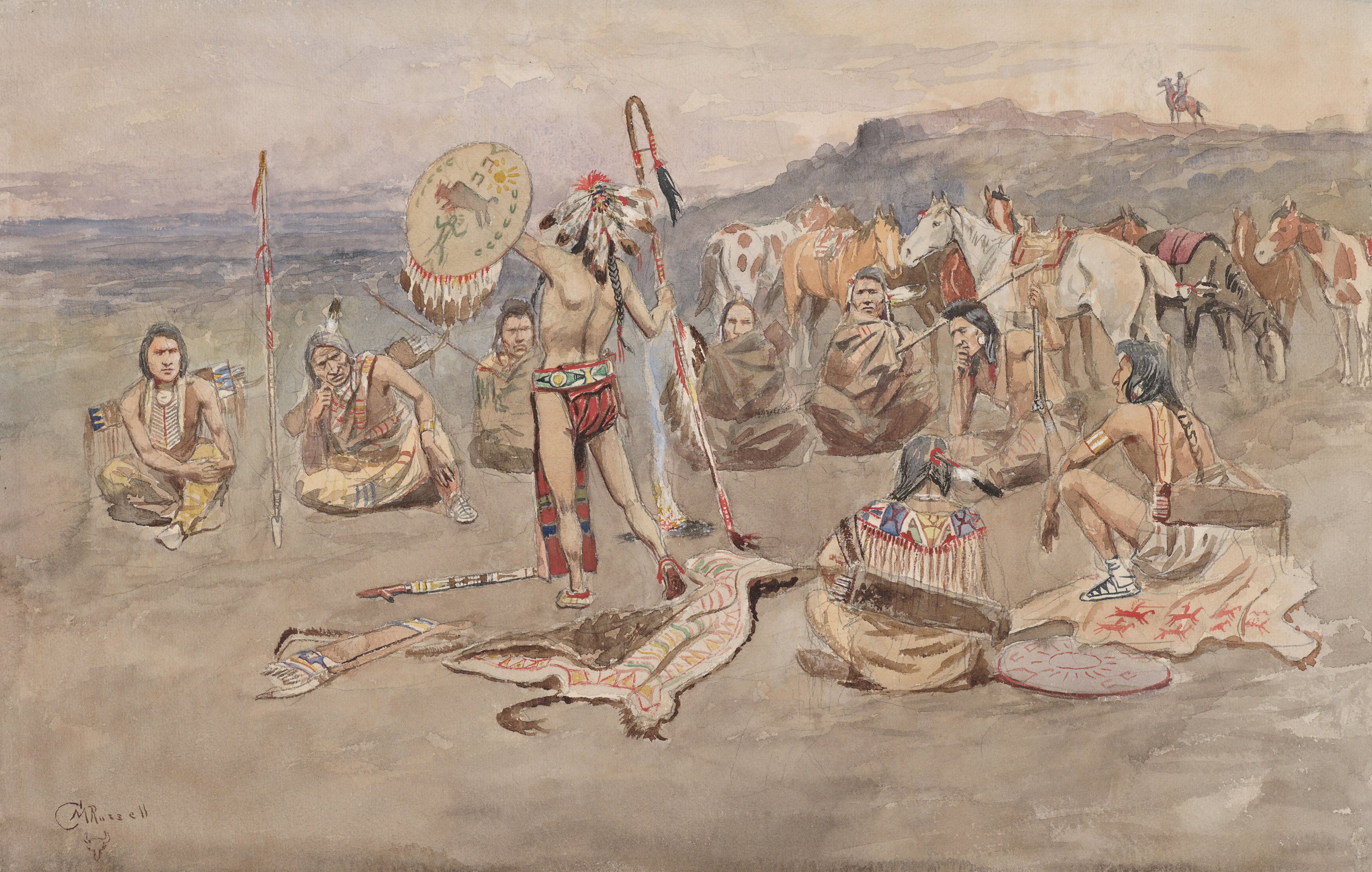 A watercolor of a group of Native American figures seated outdoors around a standing man in a feathered headress holding a shield and staff.