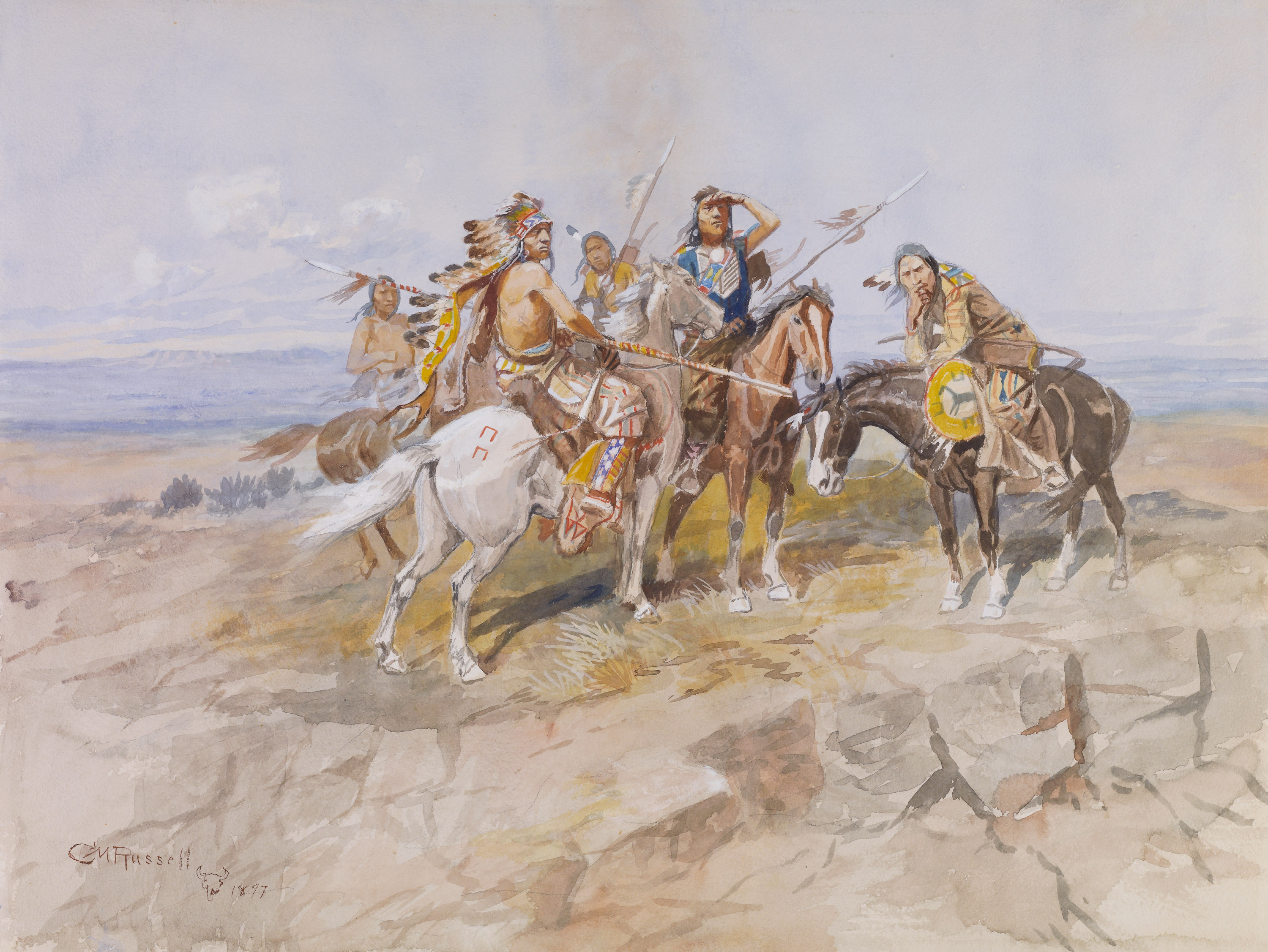 A watercolor of Indigenous people on horseback who are stopped and looking off into the distance.