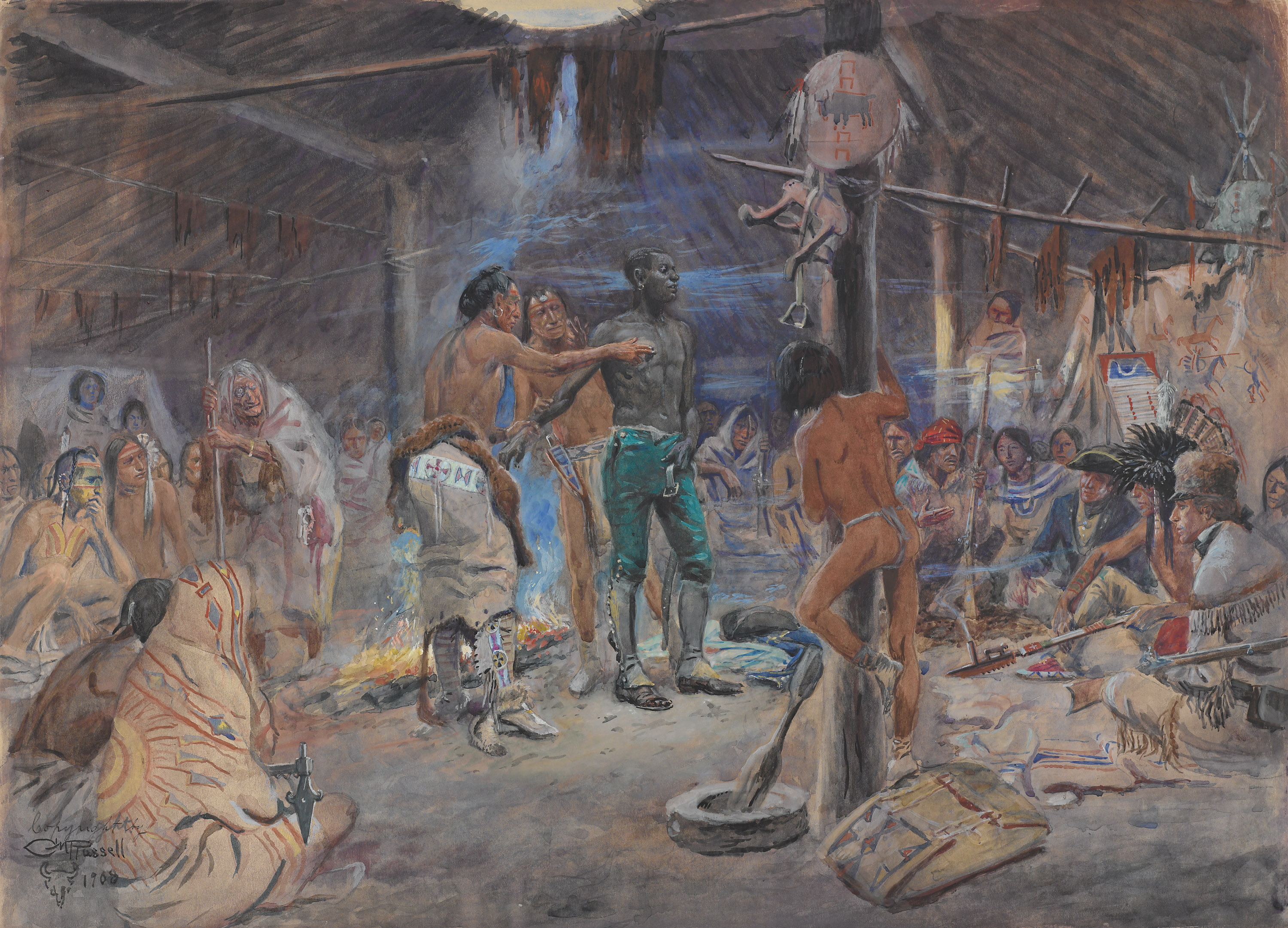 A watercolor painting of a group of mostly Indigenous people inside a wood structure; a shirtless Black man is in the center, and a White man wearing a tricorn hat is seated in a corner.