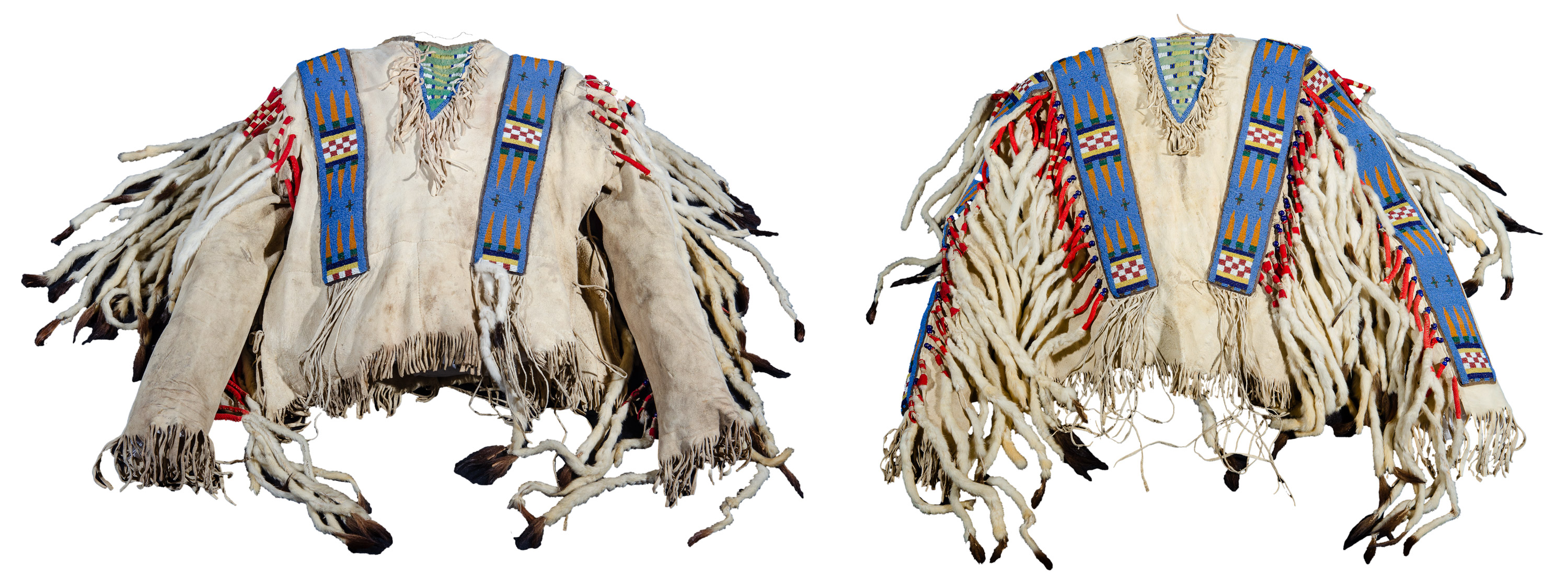 Two views of an animal skin shirt with fringe and intricate beaded designs in blue, orange, yellow, and green.