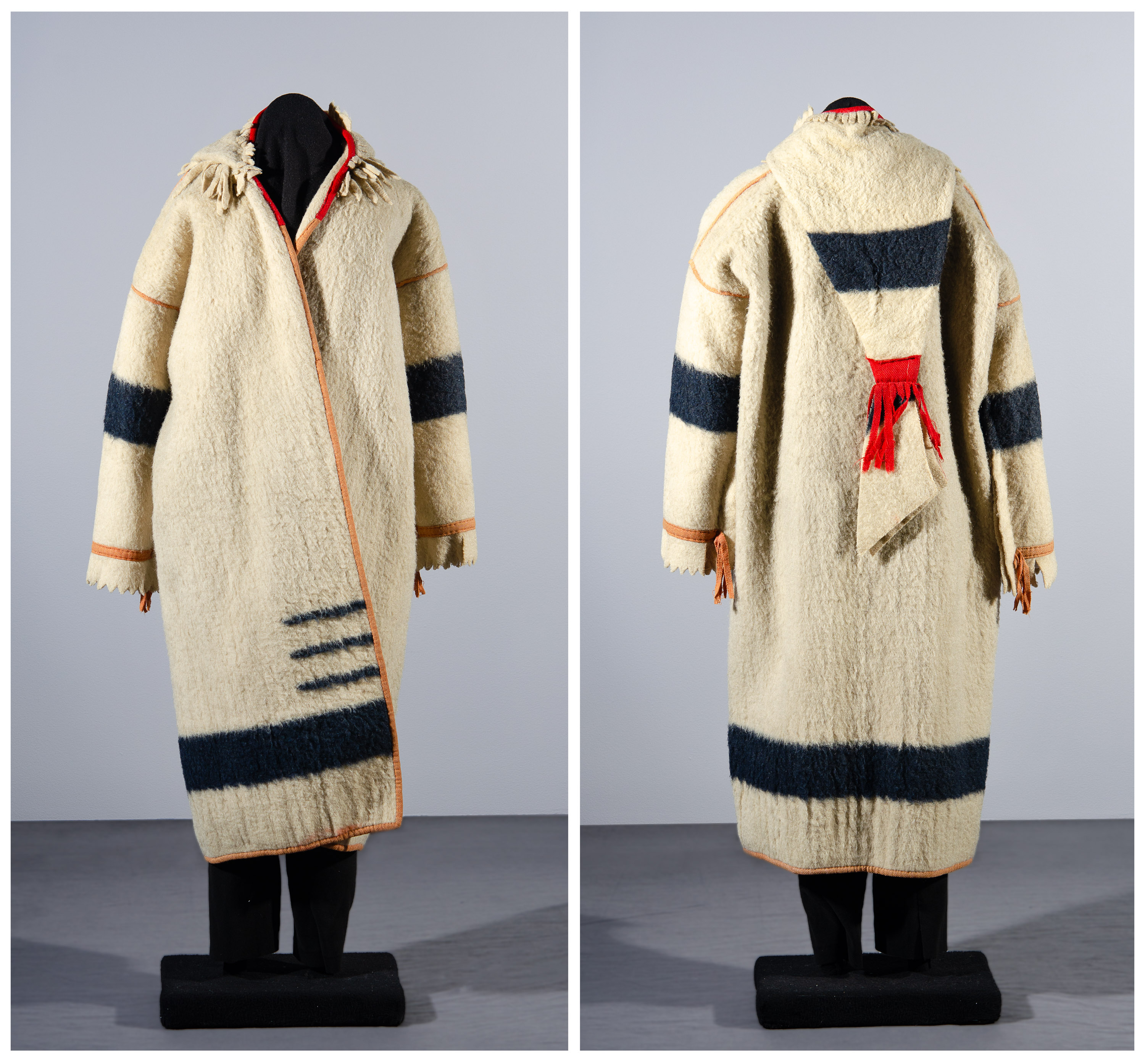 Two views of a cream-colored coat with a blue stripe on the sleeves and bottom edge, and a red tassel at the end of the hood.