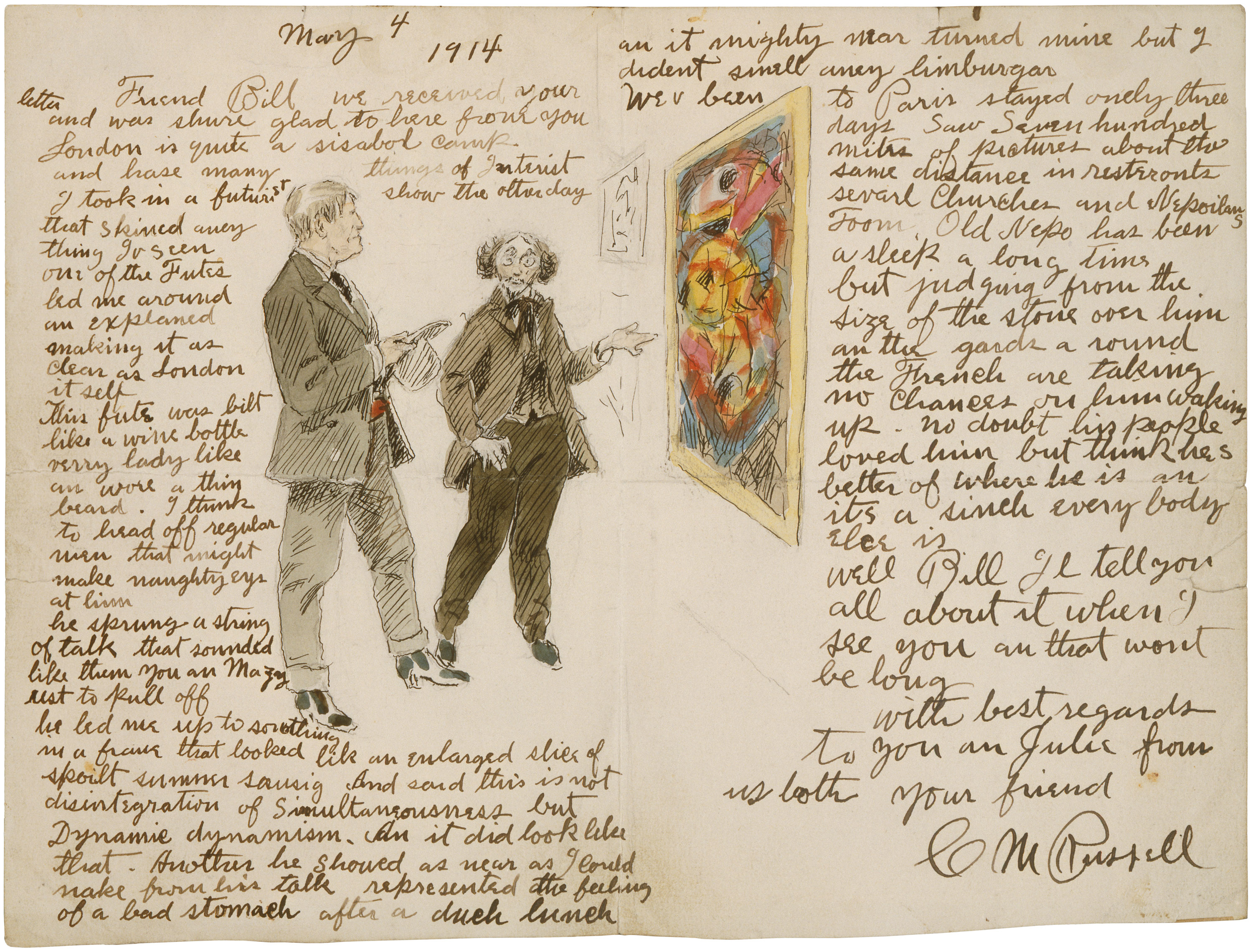 A handwritten letter surrounding a drawing of two men gesturing to a colorful painting hanging on a wall.