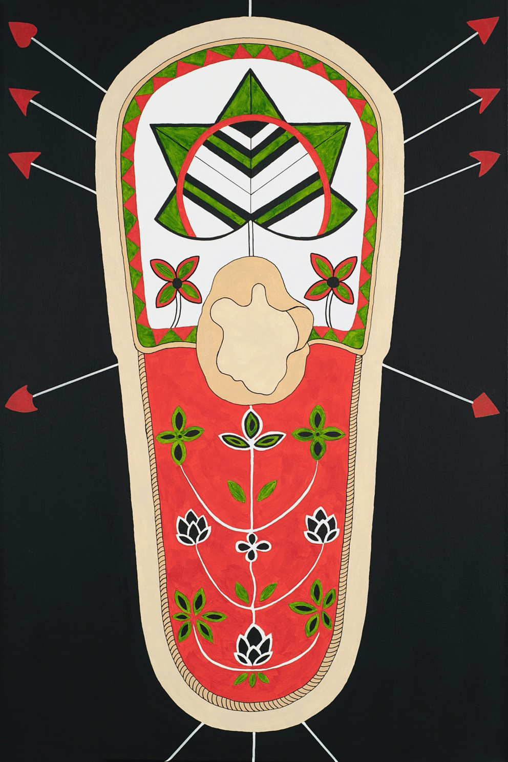 A painting of a Native American cradleboard with red and green floral designs.