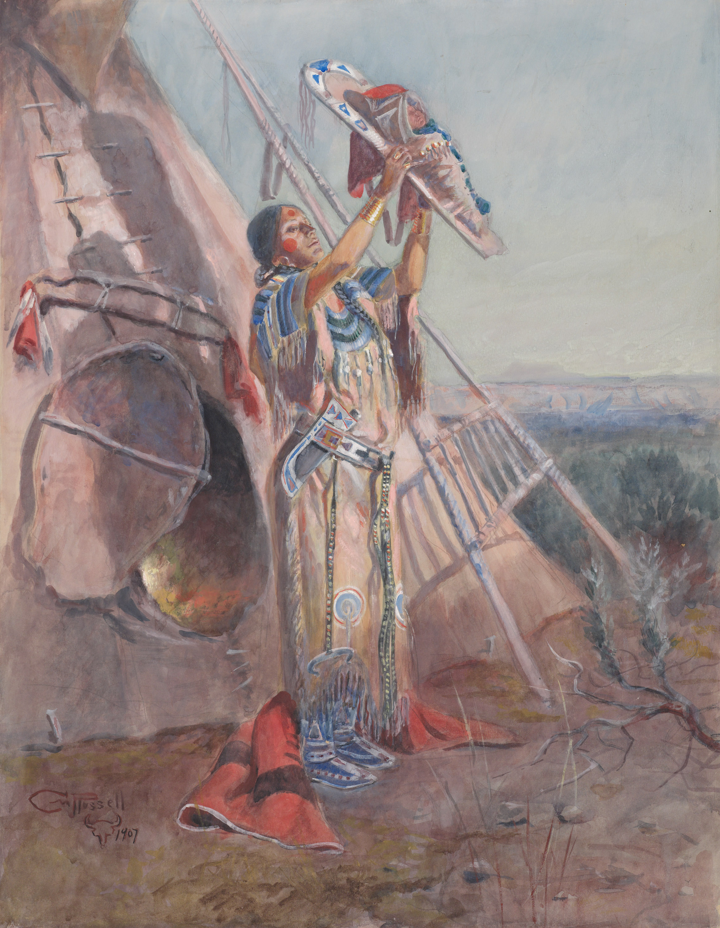 A watercolor of a Native American woman standing outside of a tipi, holding her baby in a cradleboard up to the sun.