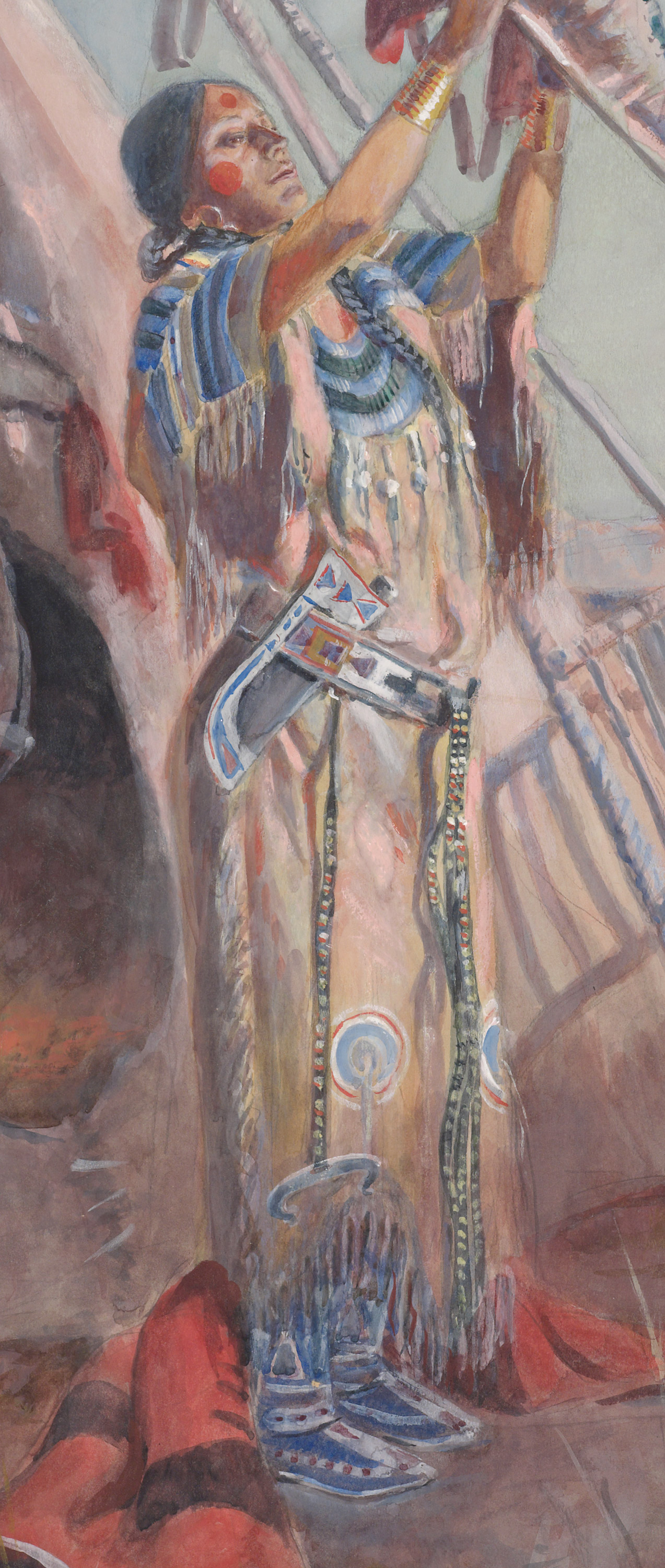 A detail of a watercolor showing a Native American woman dressed in traditional clothing decorated with beaded designs and fringe.