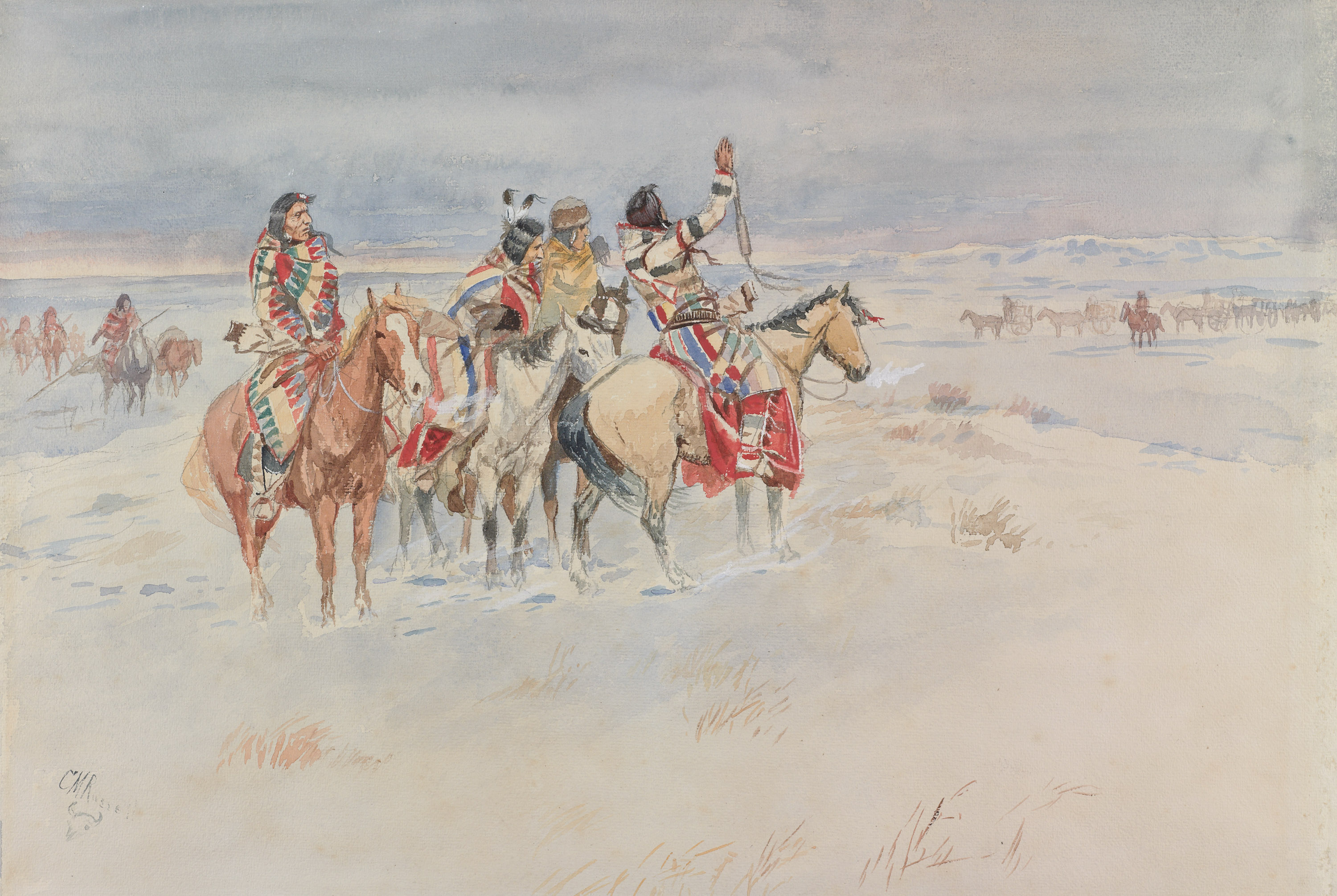 A watercolor of four Native American figures on horseback looking toward riders in the distance.