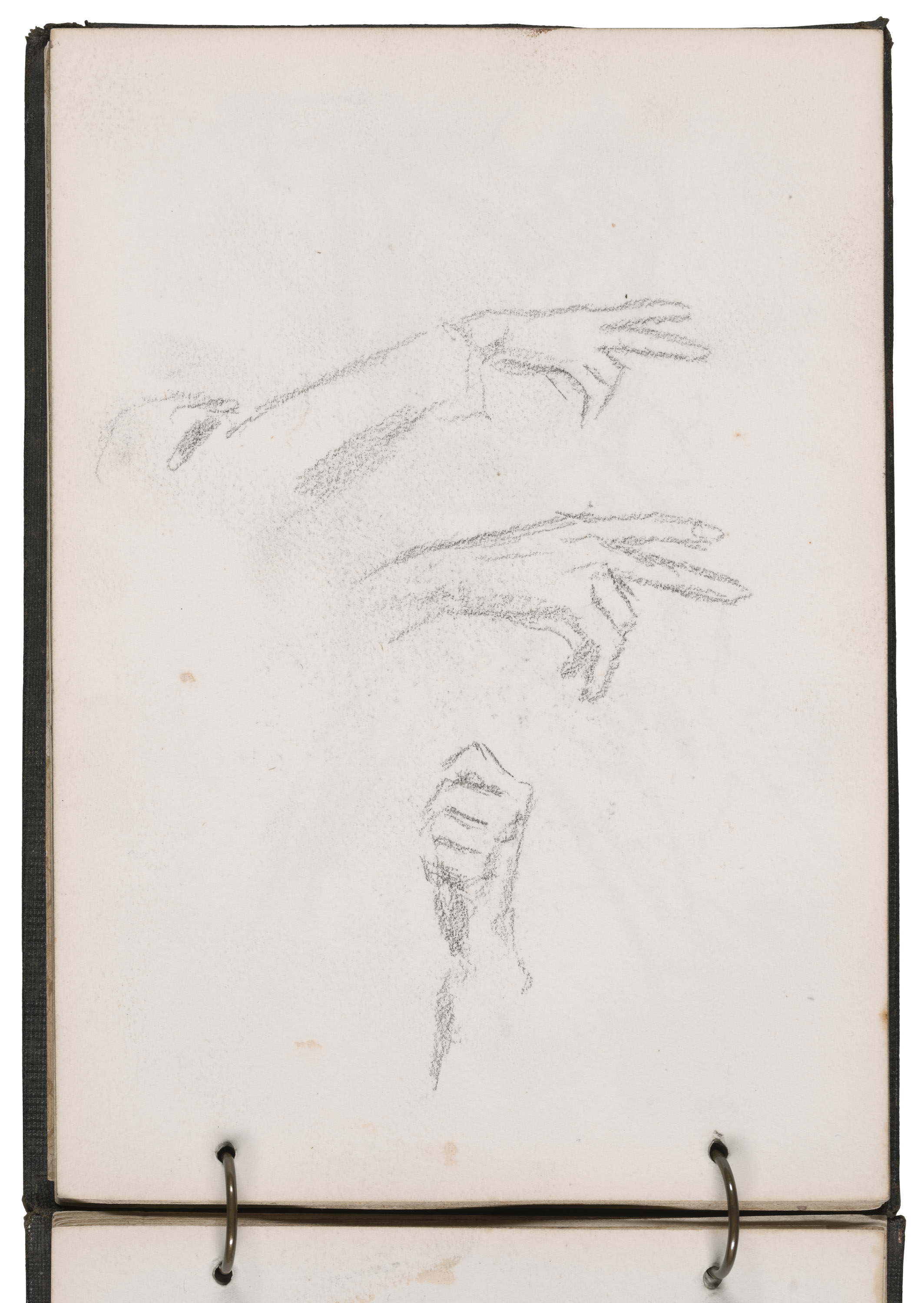 Pencil sketches of three hands in various positions in a ringed sketchbook.