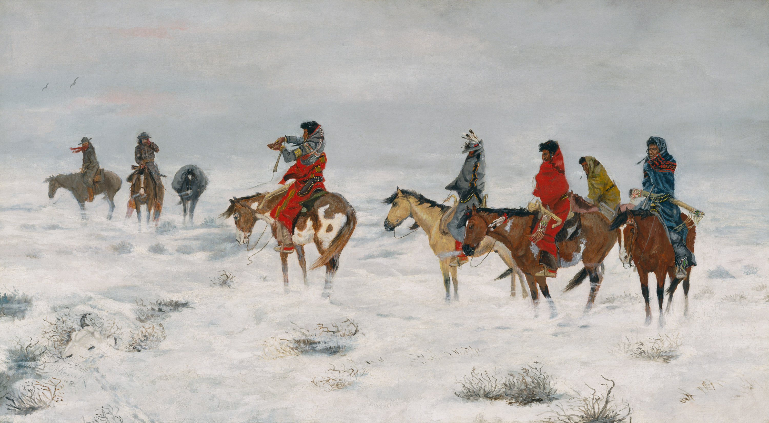 An oil painting of a group of Indigenous people on horseback approaching cowboys on horseback in a snowstorm.