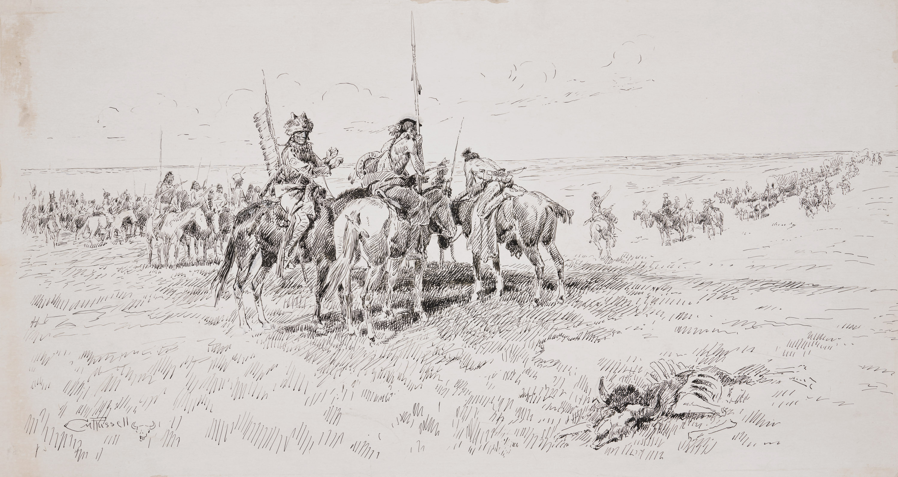 A black-and-white drawing of a large group of Indigenous people on horseback watching a line of settlers on horseback and in wagons in the distance.