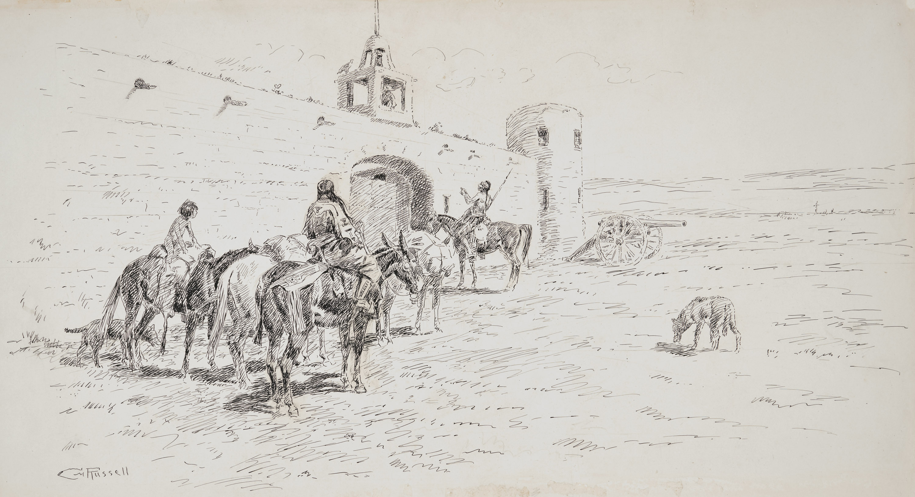 A black-and-white drawing of a group of people leading their horses along the outside of a fort wall.
