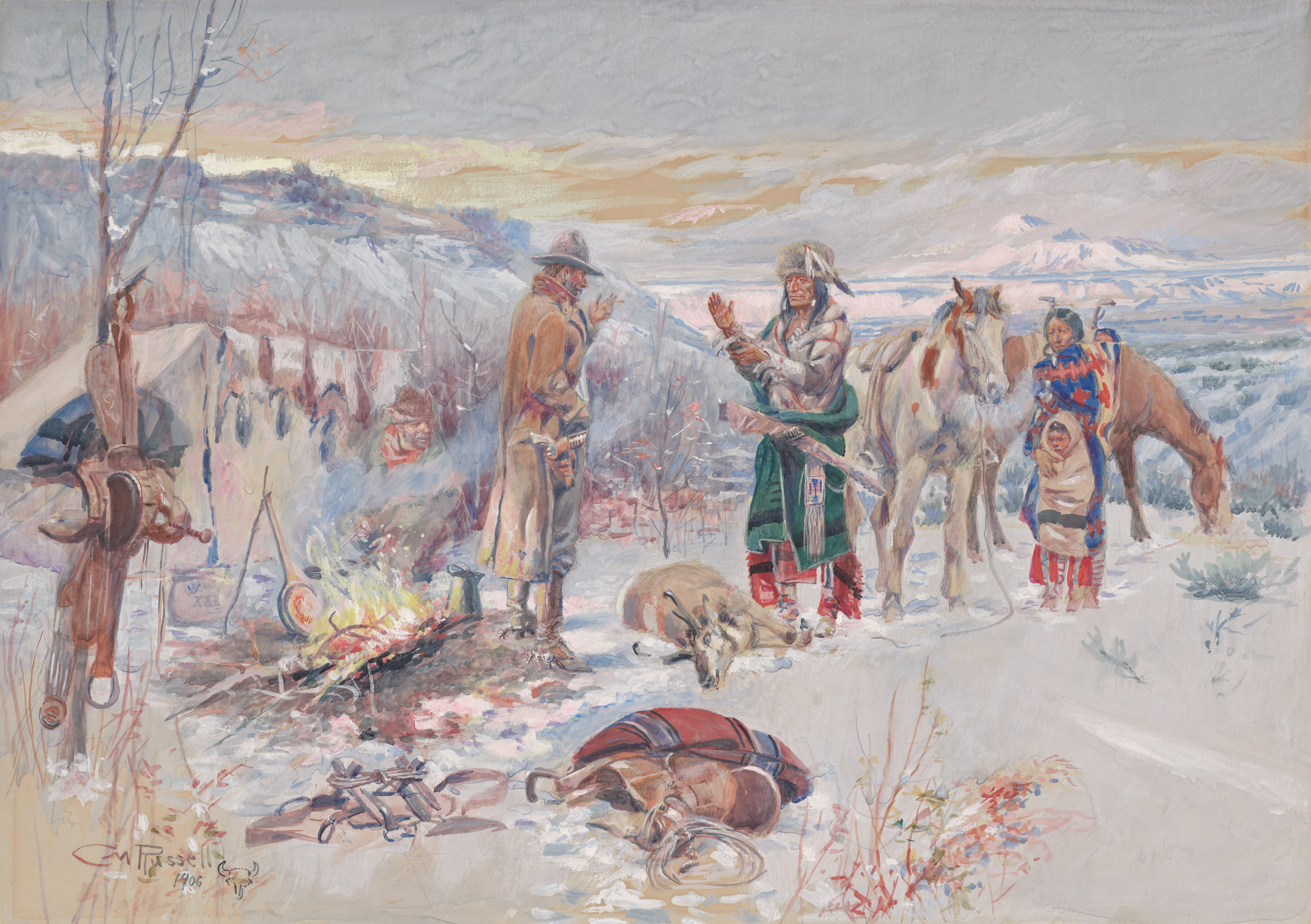 A watercolor of a Native American family greeting a cowboy at a campsite on a snowy day.