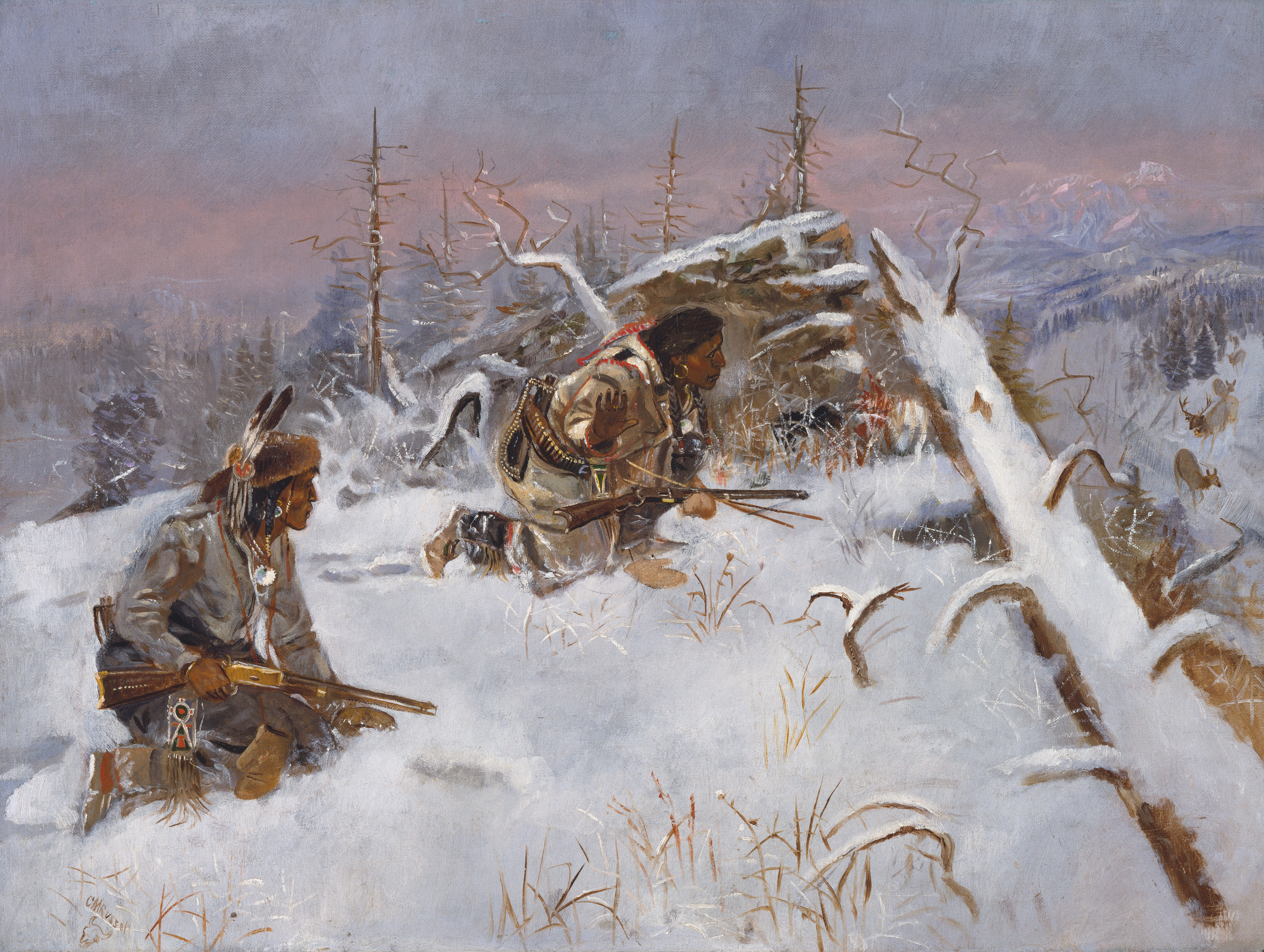 An oil painting of two Indigenous men holding guns and crouching in the snow behind a fallen tree.