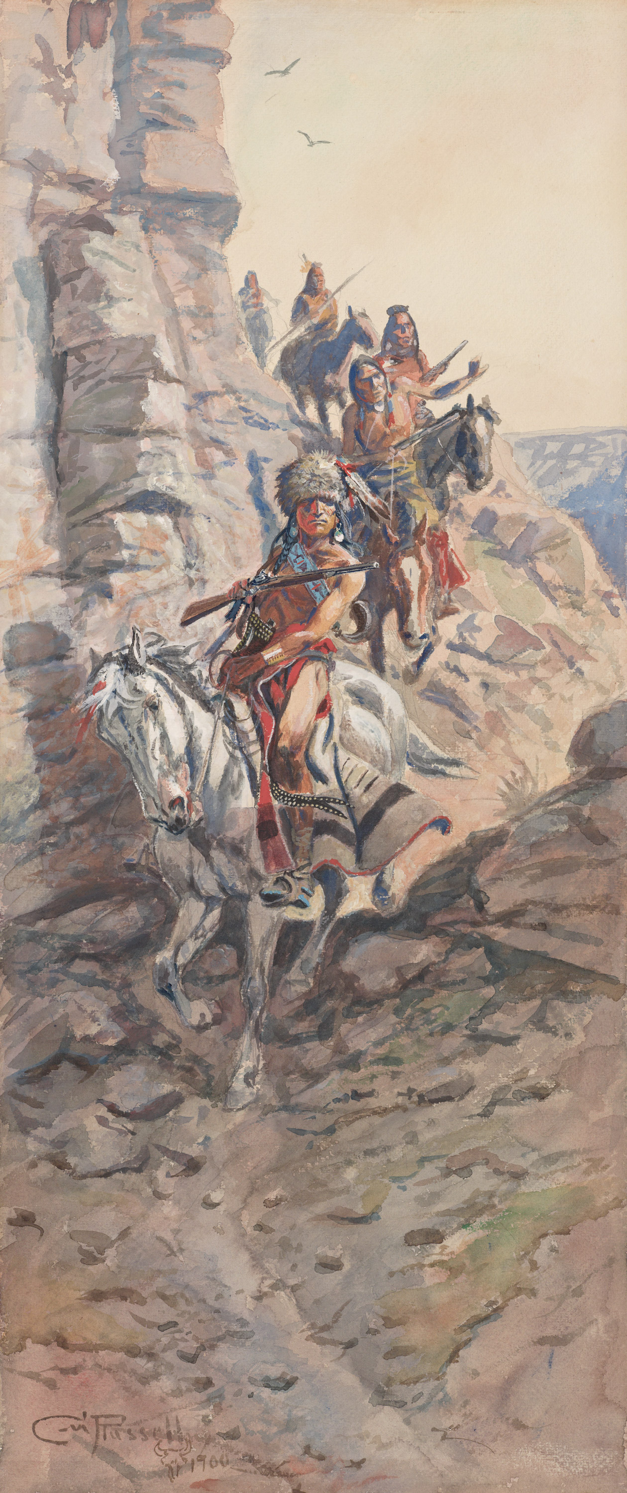 A watercolor of Indigenous people riding their horses on a steep cliffside.
