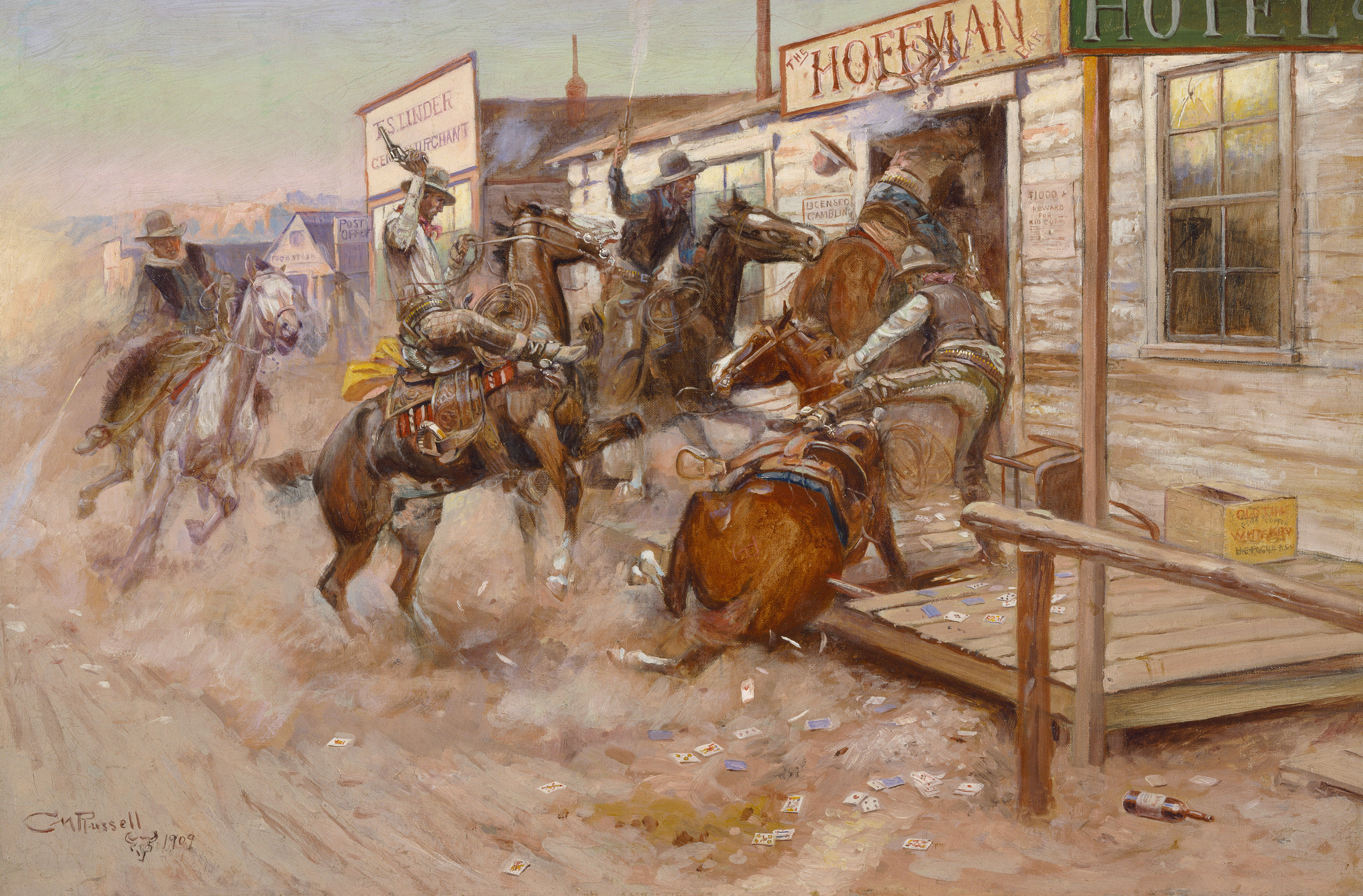 An oil painting of cowboys on horseback firing guns as they bust into a hotel; playing cards, liquor bottles, and dust scatter the dirt road.