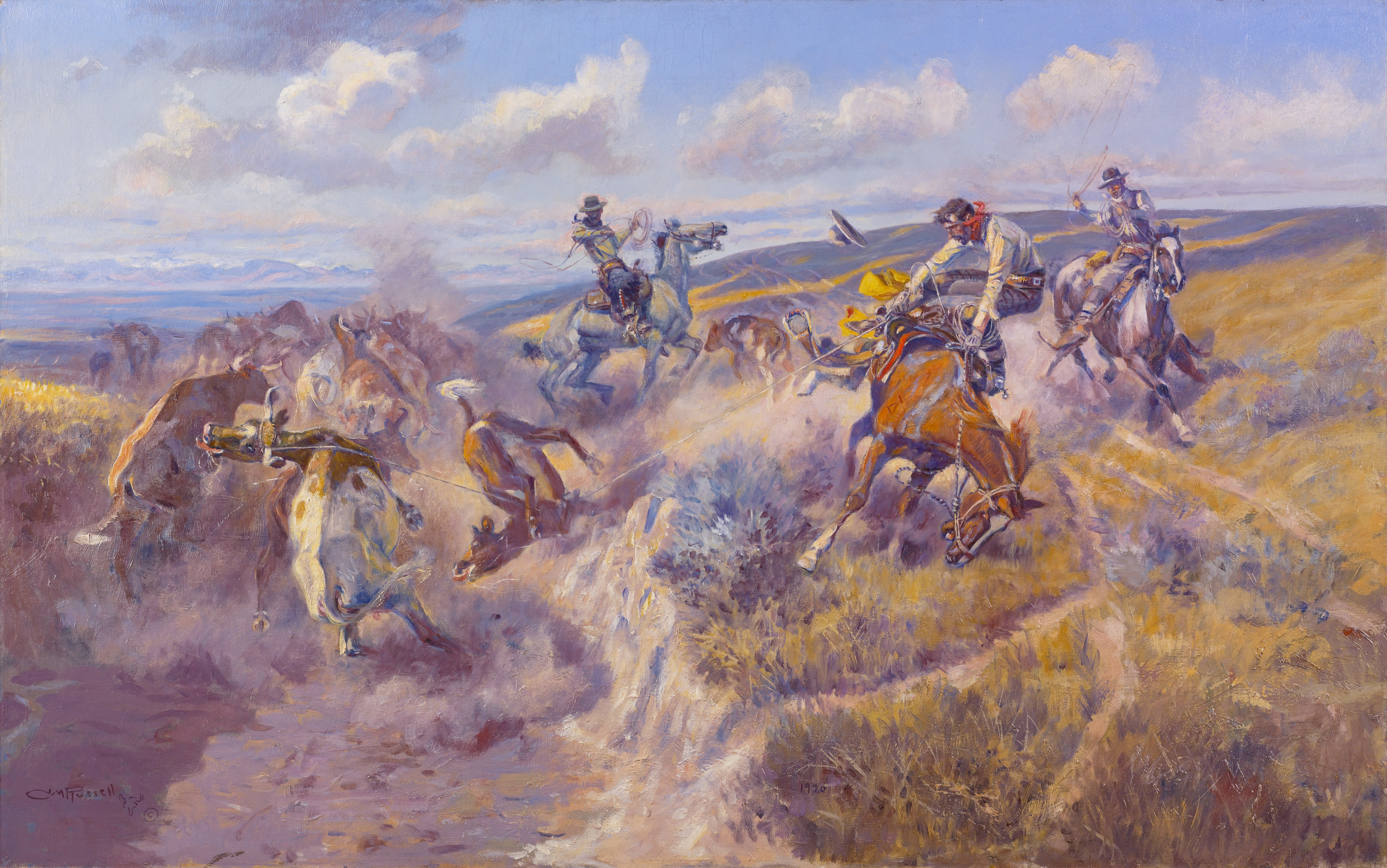 An oil painting of cowboys on horseback roping a group of cattle in a ravine.