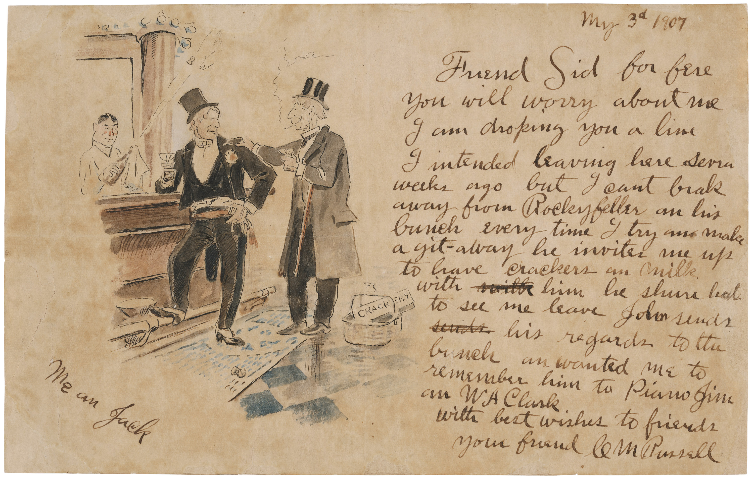 A handwritten letter next to a watercolor sketch of two White men, both in top hats and jackets, standing at a bar drinking.